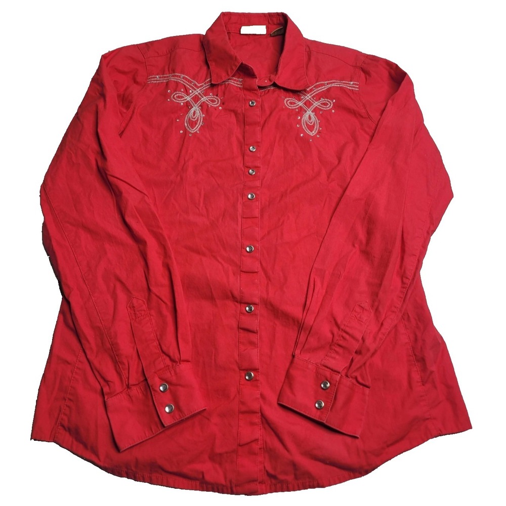 VINTAGE‎ Wrangler Rhinestone Pearl Snap Long Sleeve Red Women's Large